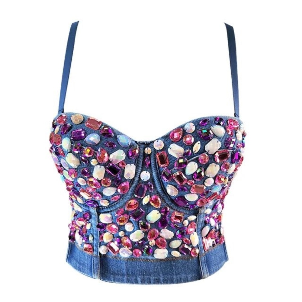 Embellished Denim Bustier Top